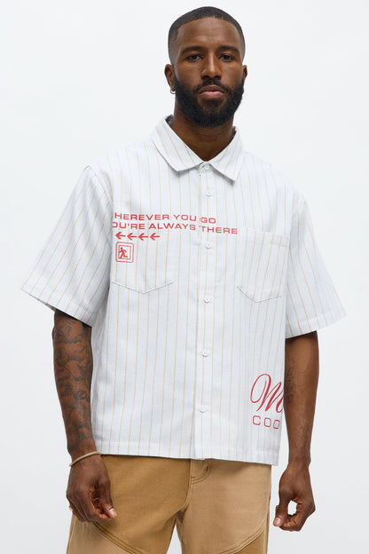 Worldwide Striped Cropped Button Up Shirt - White