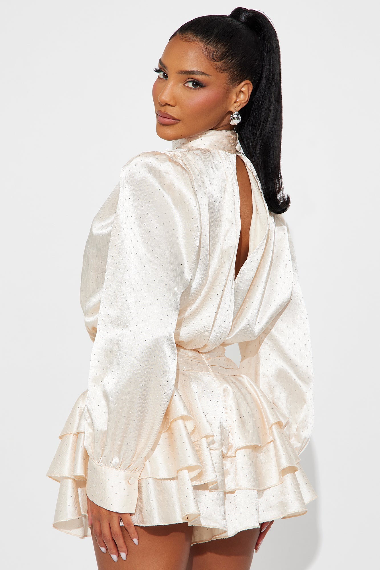 Say Please Satin Long Sleeve Romper - Cream