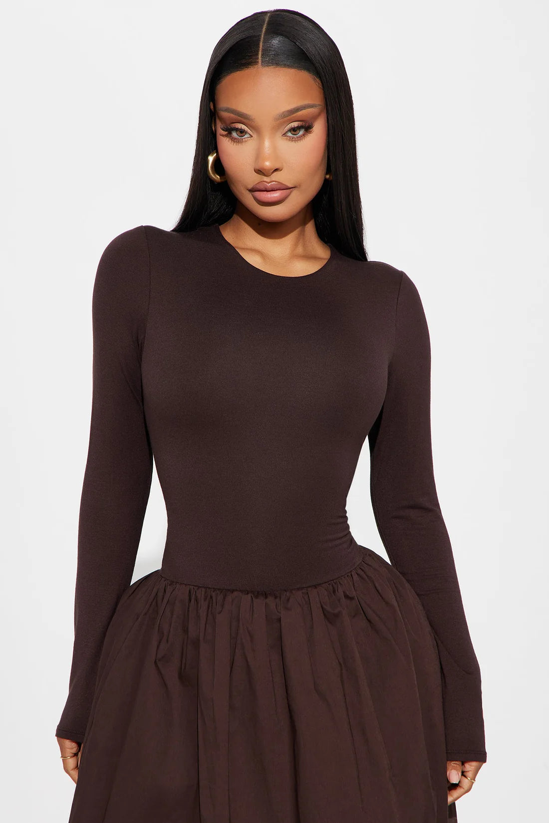 Jordyn Long Sleeve Drop Waist Maxi Dress - Brown