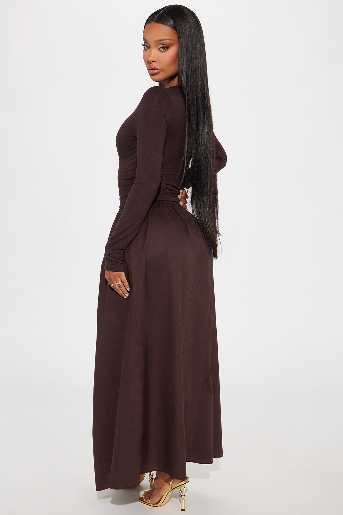 Jordyn Long Sleeve Drop Waist Maxi Dress - Brown