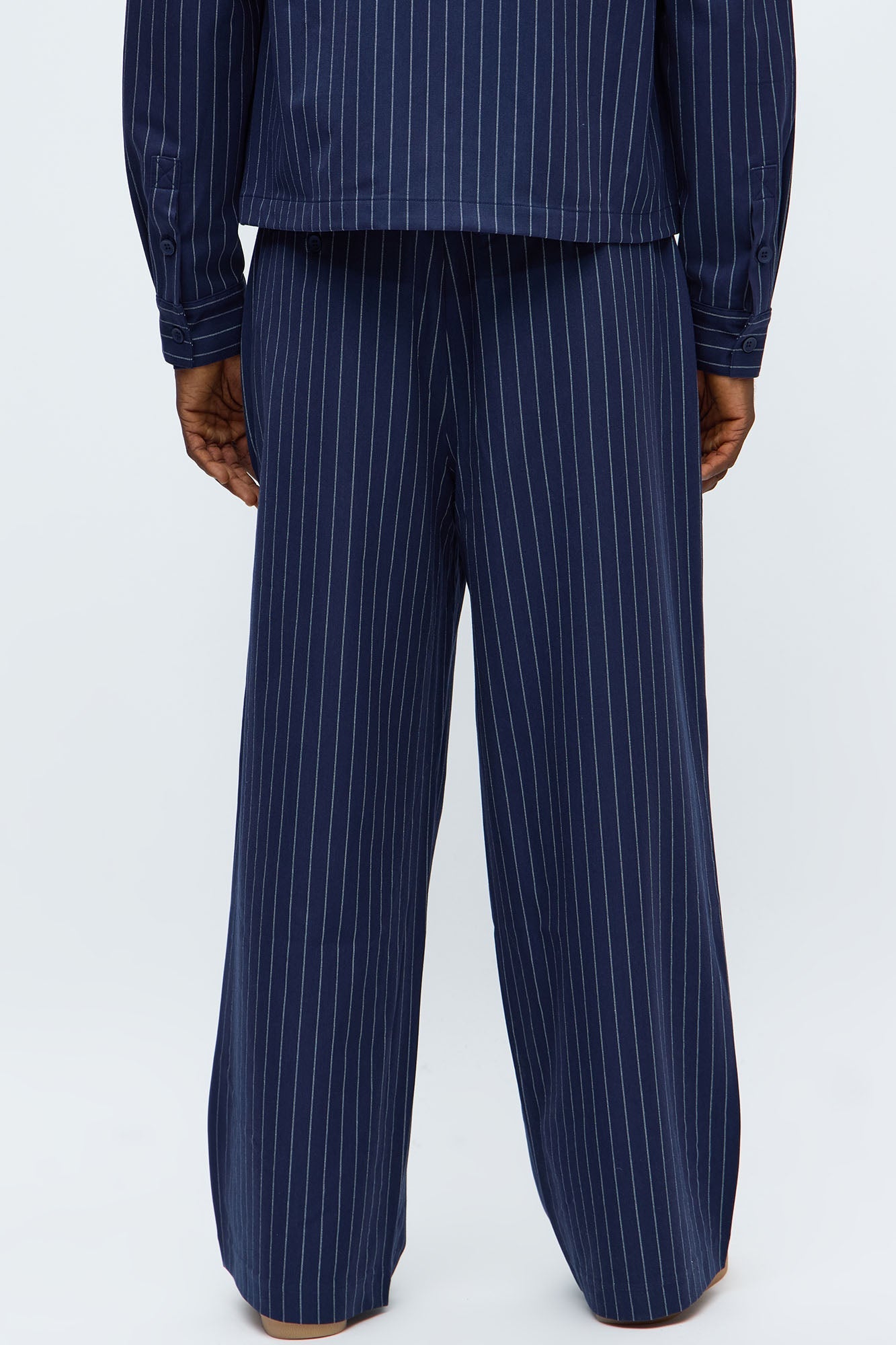 Wide Leg Straight Striped Double Pleated Trouser - Navy