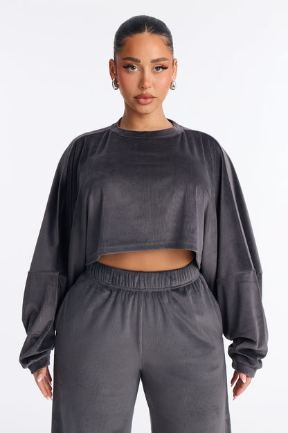 Vicky Ribbed Cropped Sweatshirt Crewneck - Charcoal