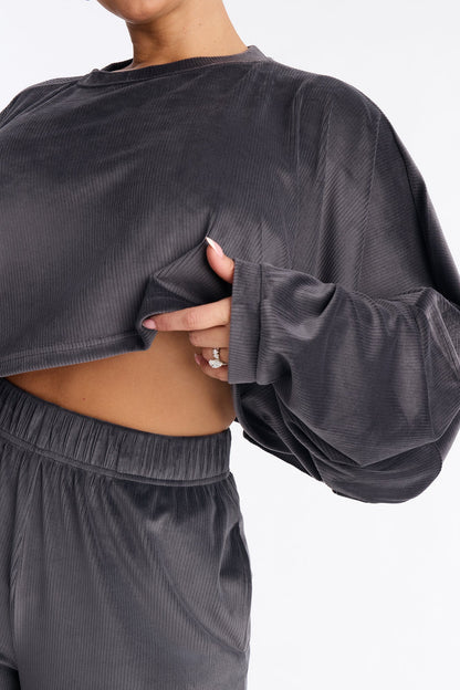 Vicky Ribbed Cropped Sweatshirt Crewneck - Charcoal
