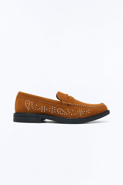 Studded Faux Suede Slip On Loafer - Brown