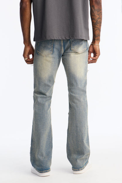 Stacked Slim Flare Fray Waves Jeans - Light Wash