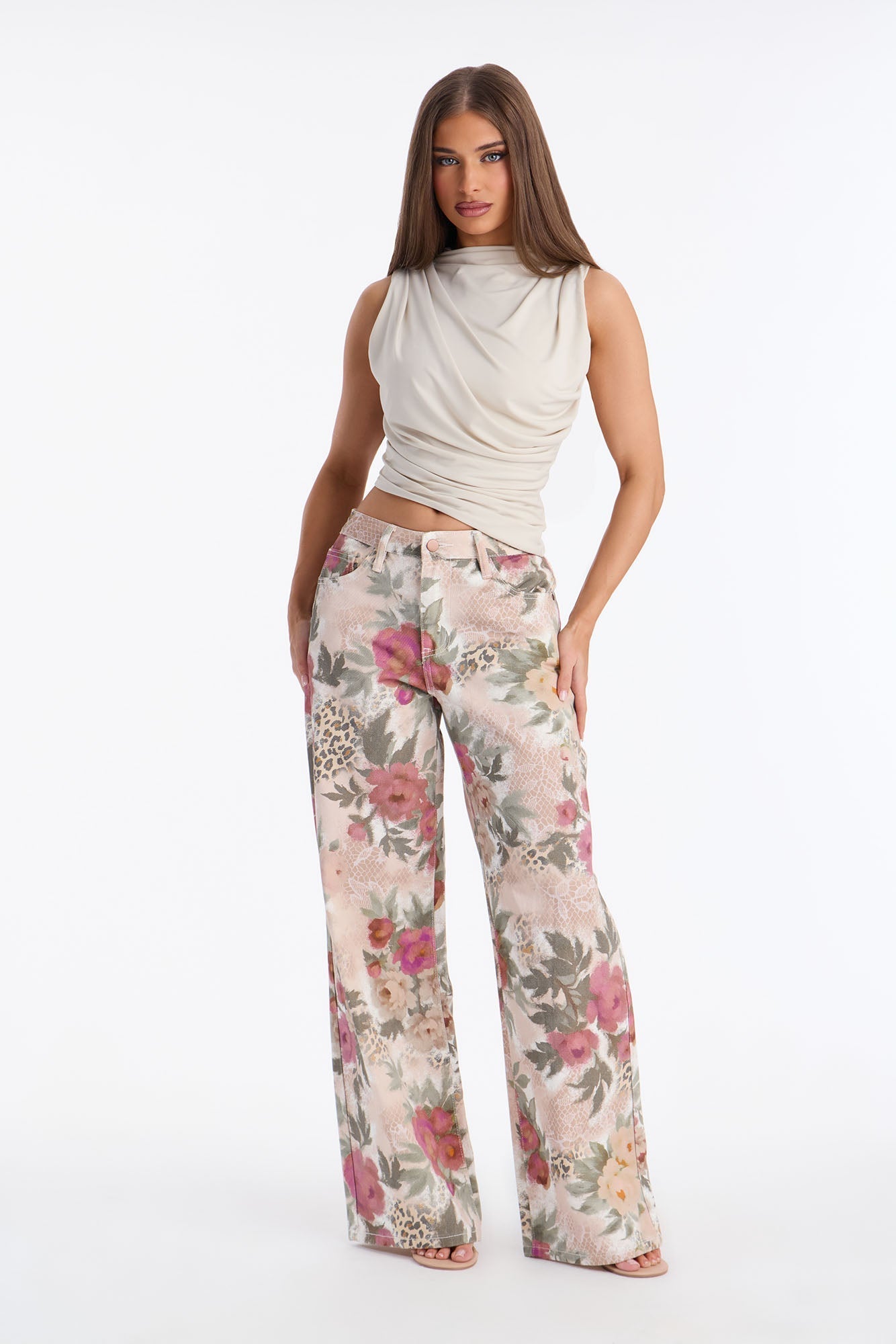 Floral Safari Printed Wide Leg Jeans - Rose/Combo
