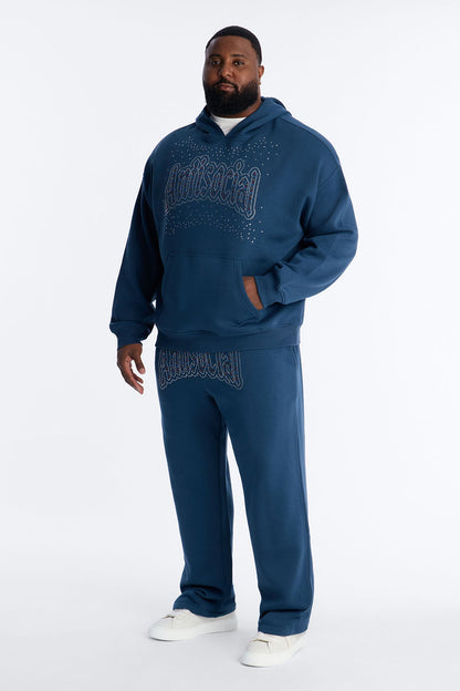 Antisocial Rhinestone Pearl Oversized Hoodie - Navy