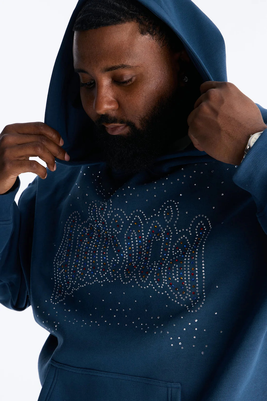 Antisocial Rhinestone Pearl Oversized Hoodie - Navy