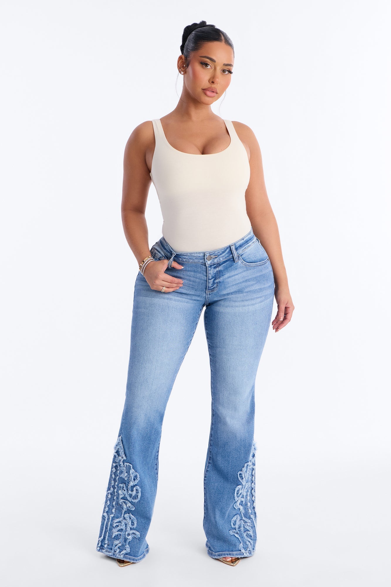 Hot Take Patch Flare Jeans - Medium Wash