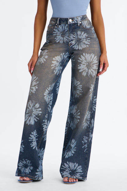 Happiness Blooms Floral Print Stretch Jeans - Vintage Wash