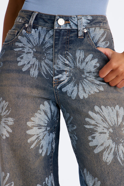 Happiness Blooms Floral Print Stretch Jeans - Vintage Wash