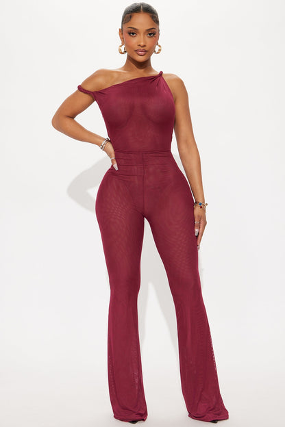 Myla Double Lined Mesh Jumpsuit - Burgundy