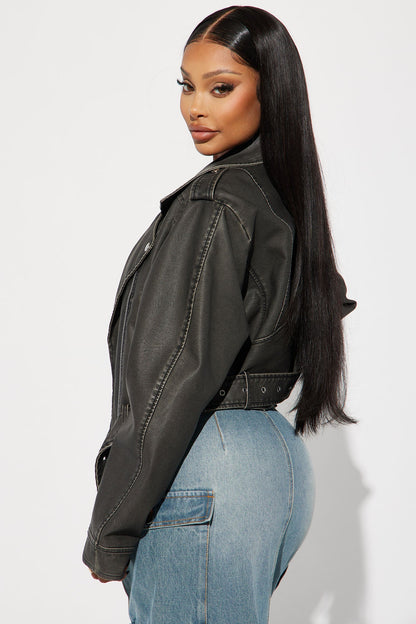 Roxi Washed Faux Leather Moto - Black