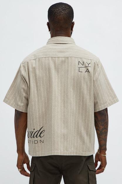 Worldwide Striped Cropped Button Up Shirt - Stone