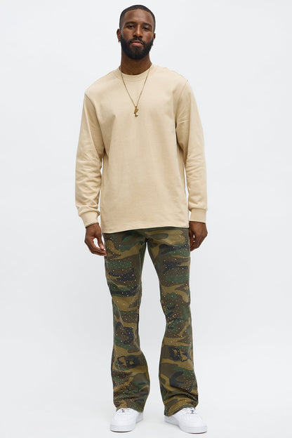 Stacked Skinny Flare Be Jeweled Camo Pants - Camouflage
