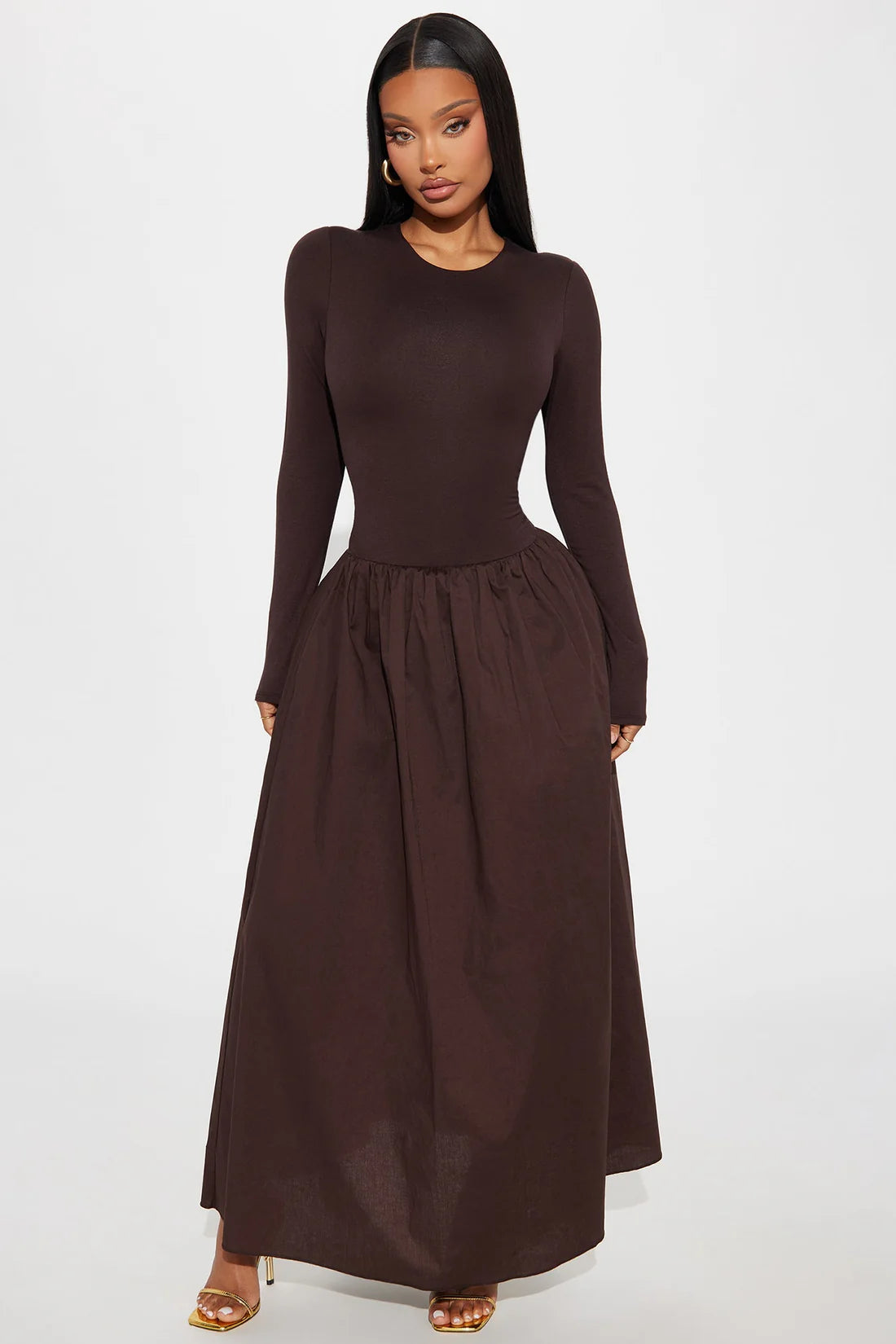 Jordyn Long Sleeve Drop Waist Maxi Dress - Brown