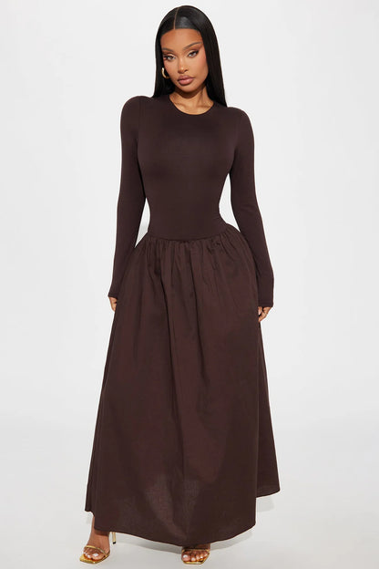 Jordyn Long Sleeve Drop Waist Maxi Dress - Brown
