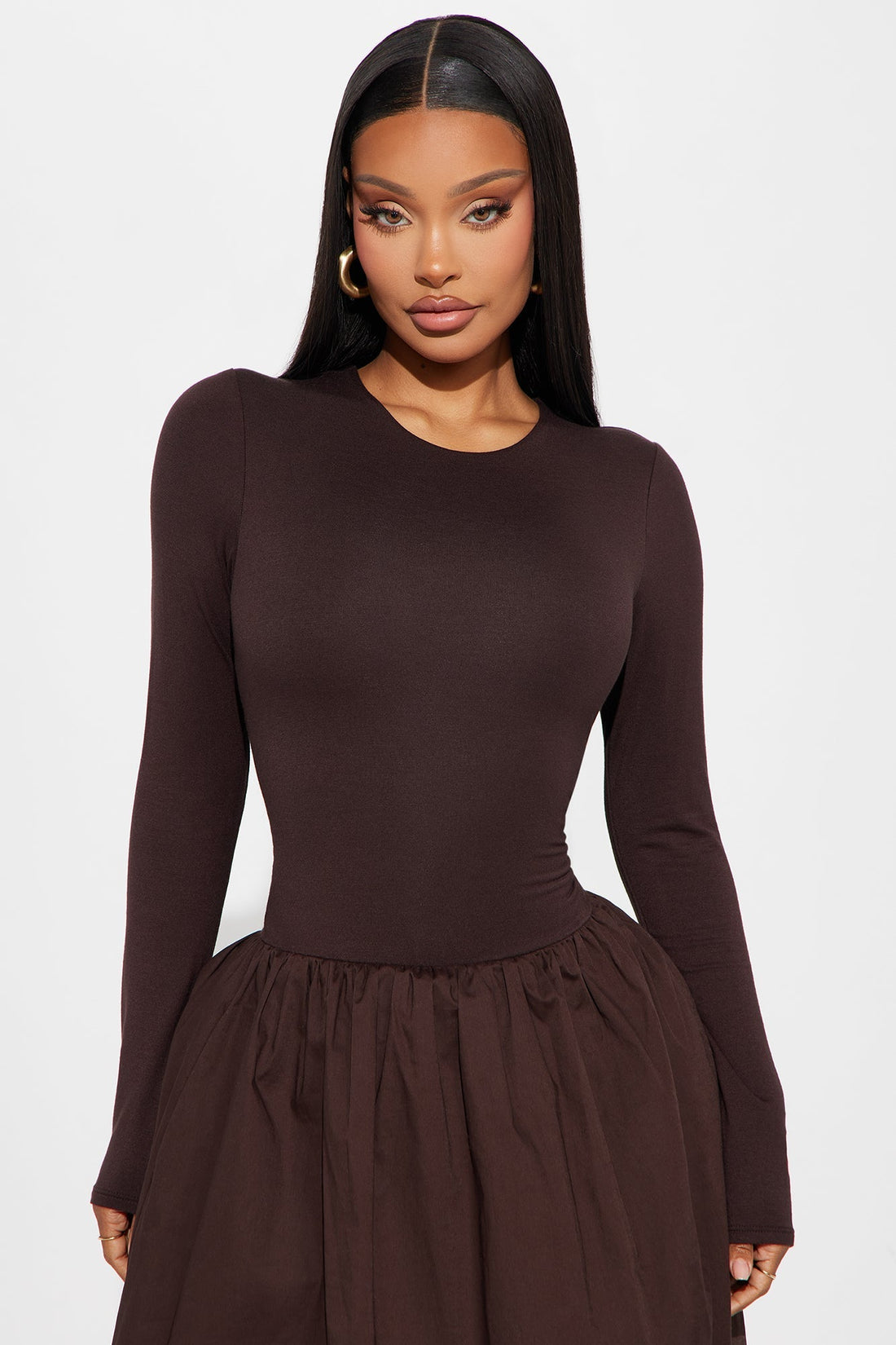 Jordyn Long Sleeve Drop Waist Maxi Dress - Brown