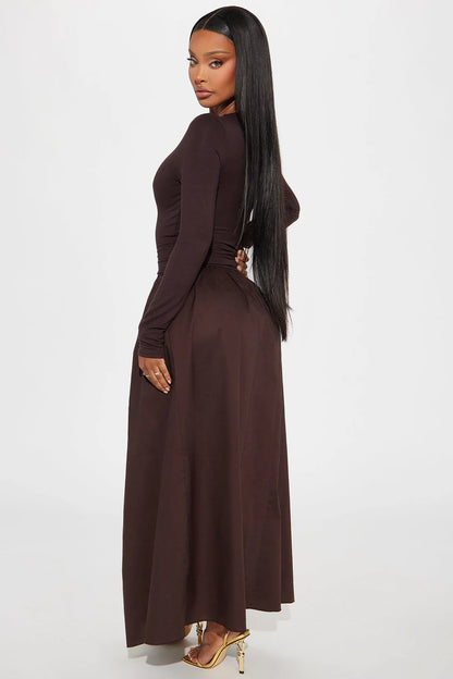 Jordyn Long Sleeve Drop Waist Maxi Dress - Brown