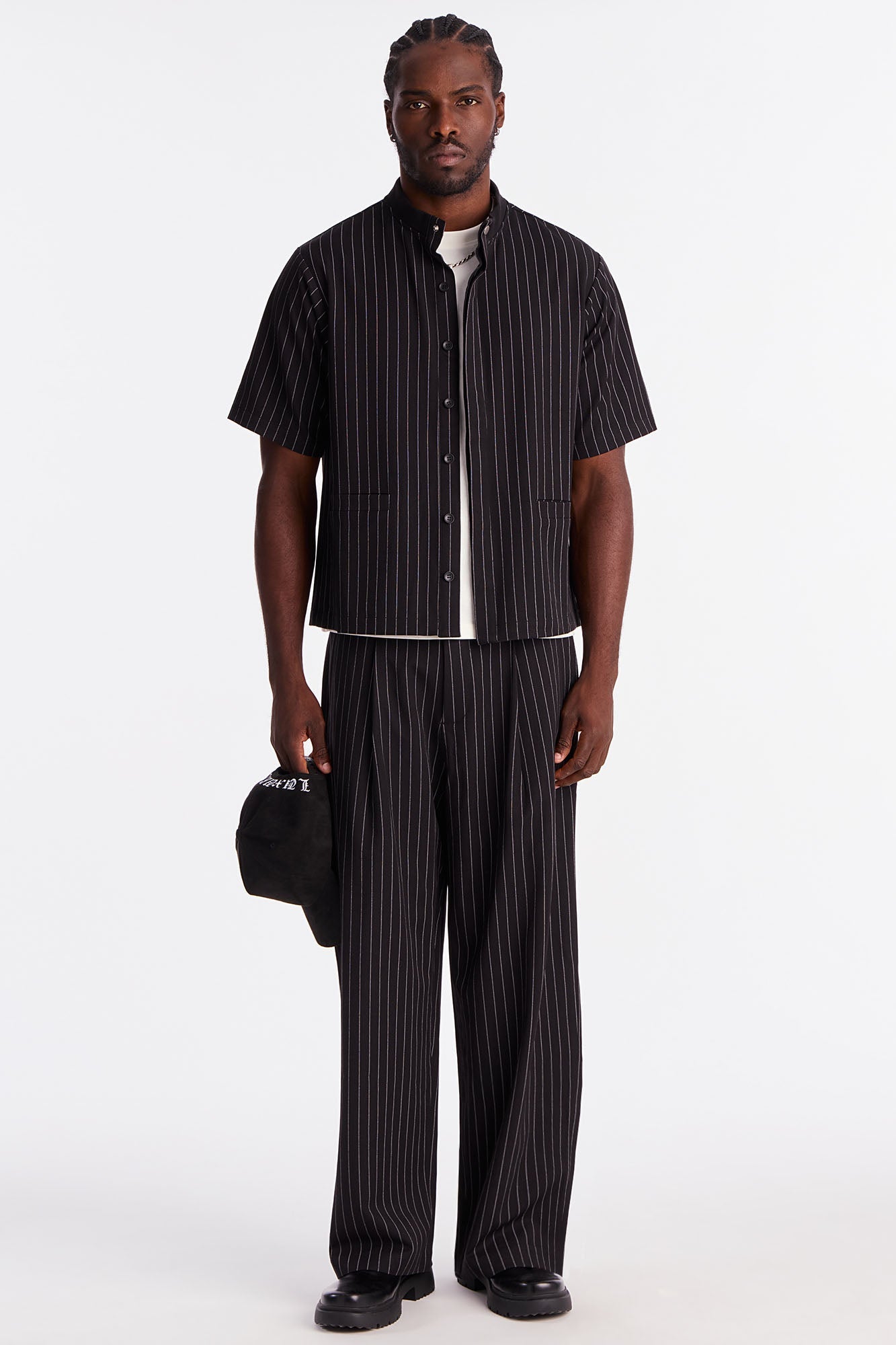 Wide Leg Straight Striped Double Pleated Trouser - Black