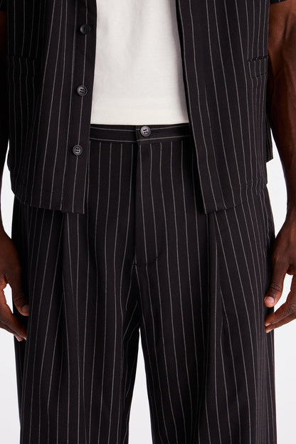 Wide Leg Straight Striped Double Pleated Trouser - Black