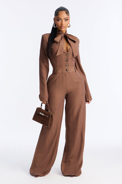 Kendall Scarf Wide Leg Pinstripe Jumpsuit - Brown