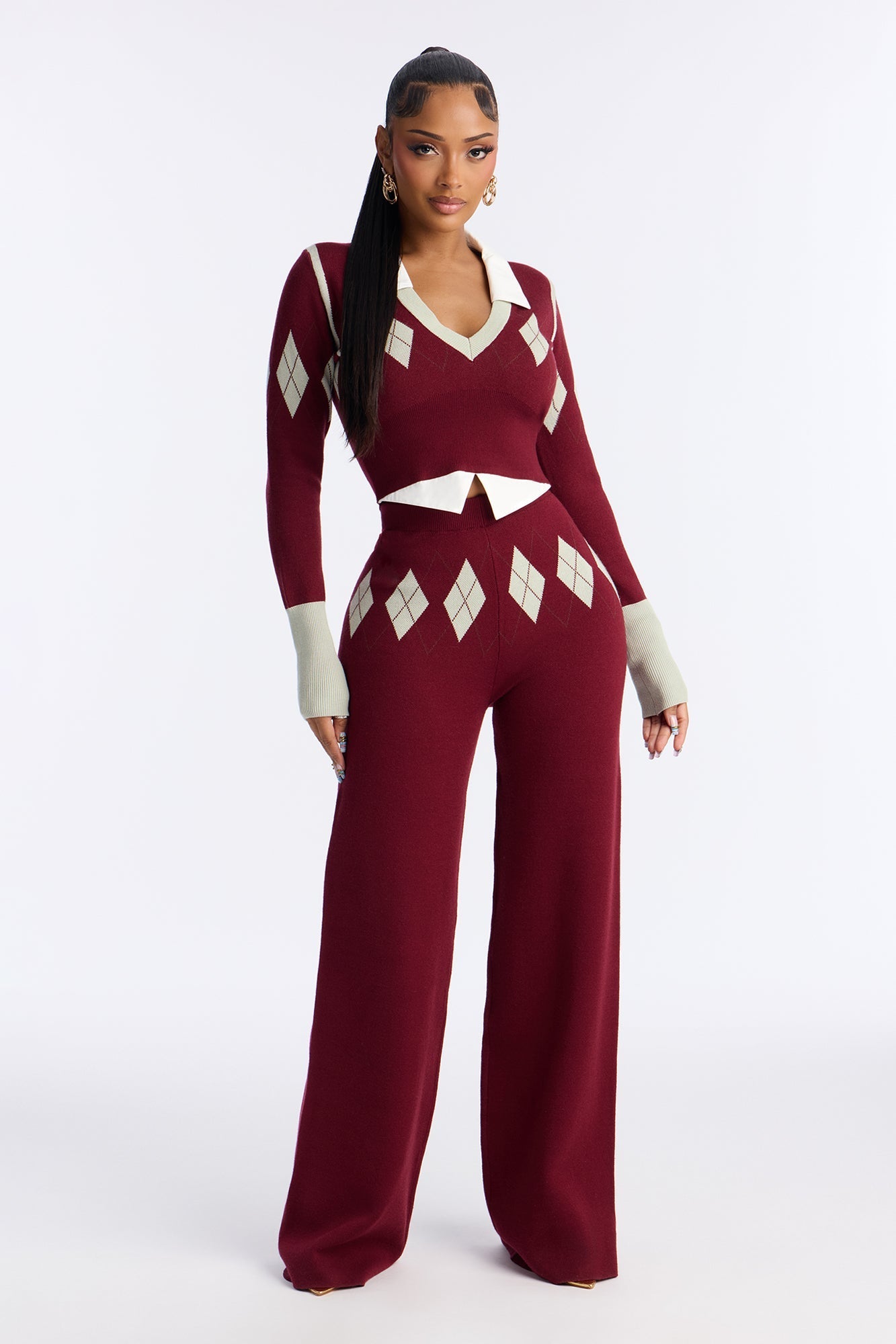 Camila Plaid Sweater Pant Set - Burgundy