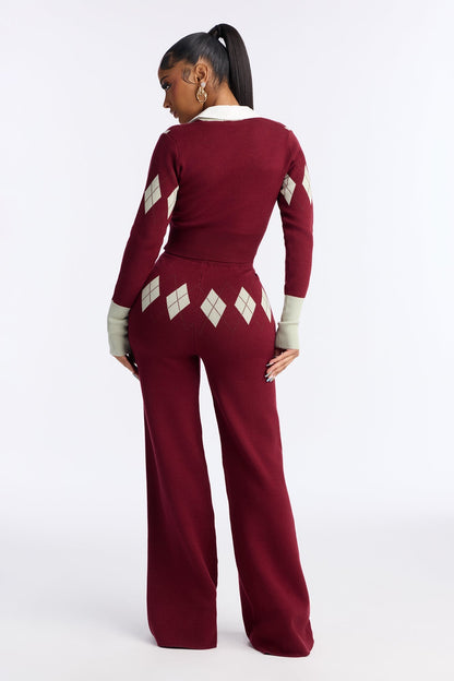 Camila Plaid Sweater Pant Set - Burgundy