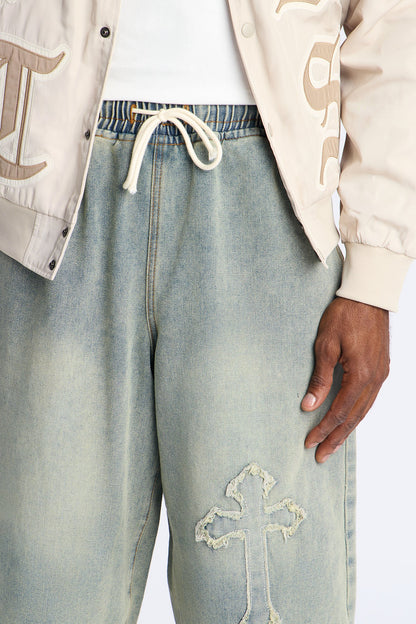 Baggy Love Cross Jeweled Denim Short - Vintage Wash