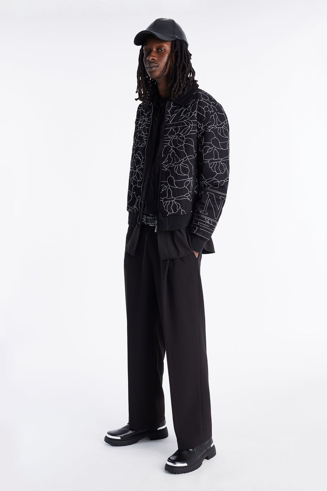 In Bloom Contrast Stitched Bomber Jacket - Black
