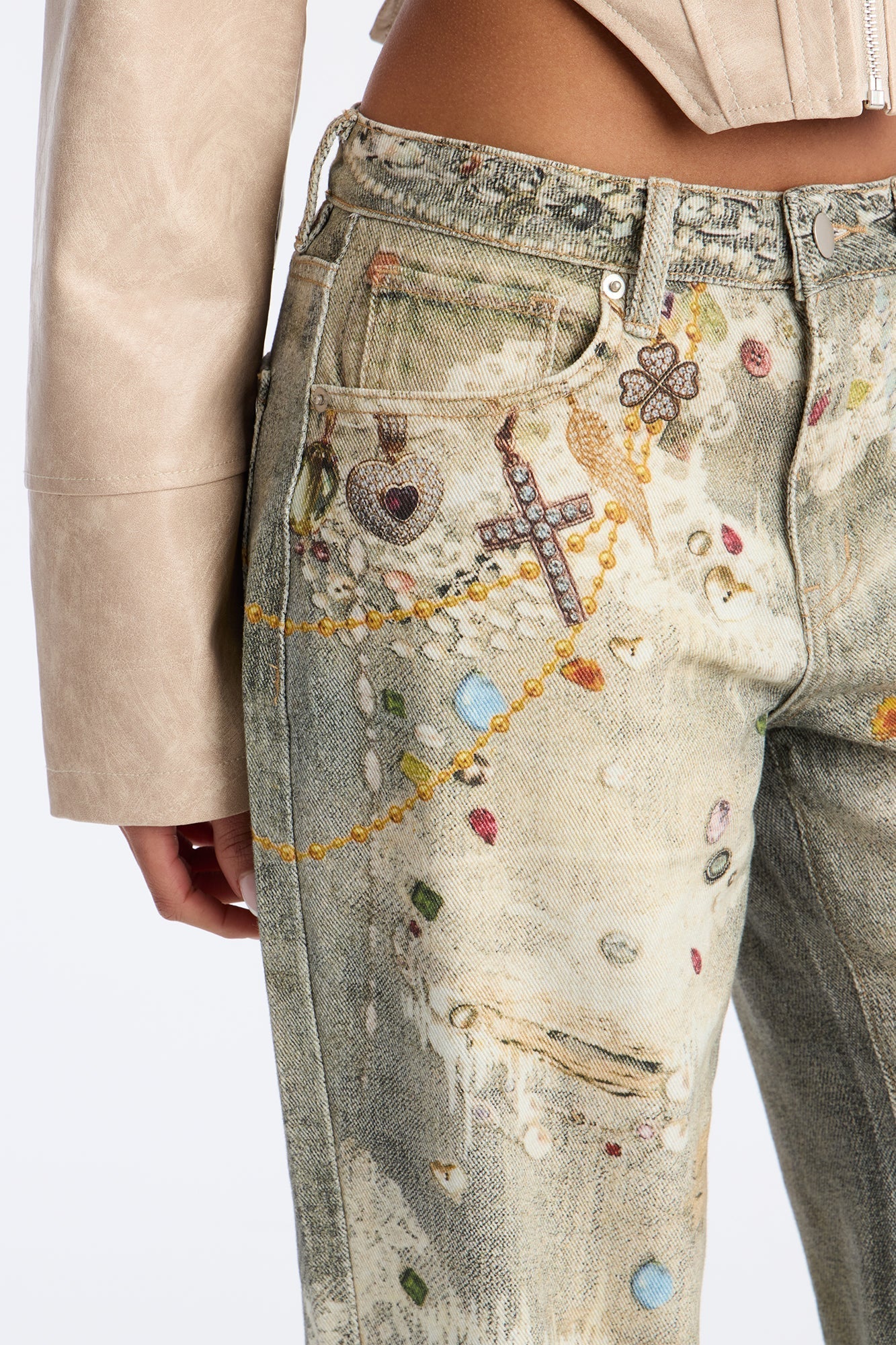 Fancy Pearls Printed Jeans - Multi Color