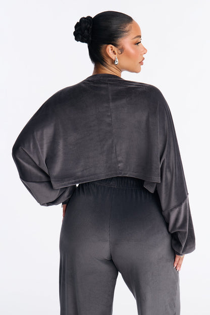 Vicky Ribbed Cropped Sweatshirt Crewneck - Charcoal